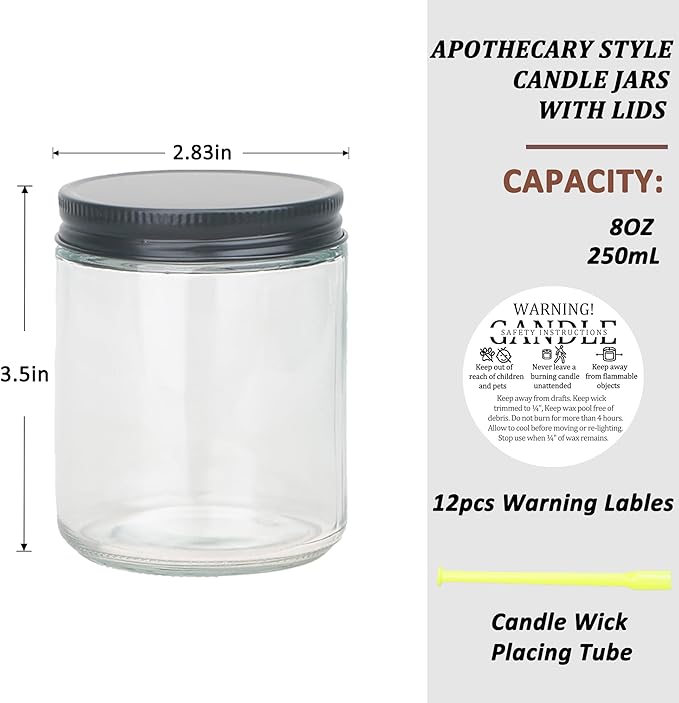 MILIVIXAY 12 Pack 8 OZ Thick Glass Clear Candle Jars with All Black Metal Lids-Bulk Empty Candle Jars for Making Candles-Canning Jar for Spice, Liquid, Sample- Dishwasher Safe.