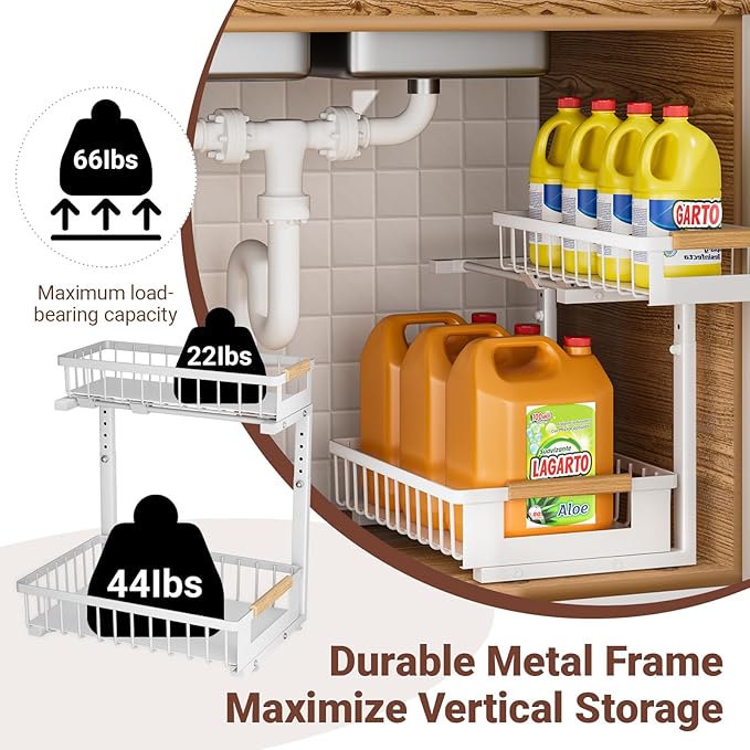 2 Pack Under Sink Organizer, 2 Tier Pull Out Cabinet Organizer with 5-Level Adjustable Height, Sliding Metal Storage Rack for Kitchen Bathroom Pantry, White