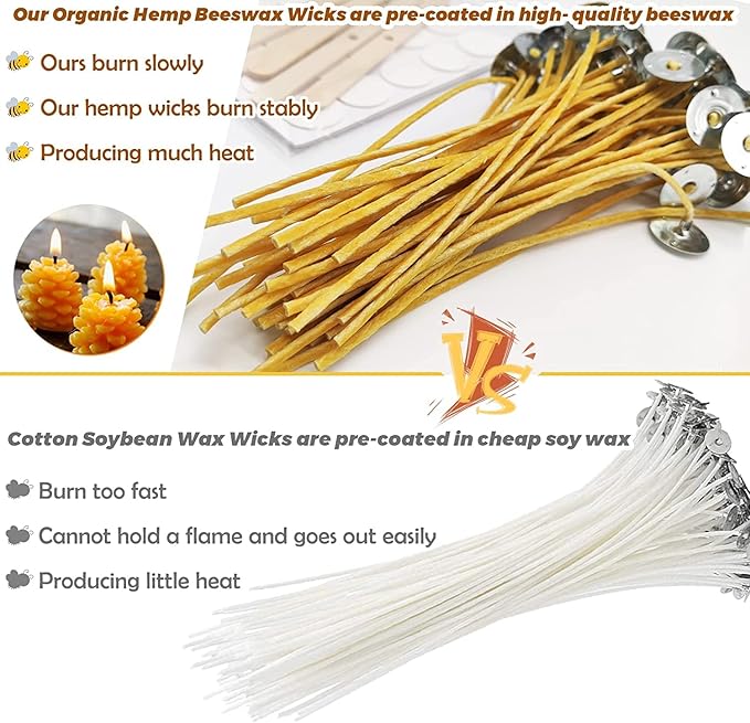 6In Hemp Wick,100 Piece Hemp Candle Wicks in 3mm,Pre-Waxed by Natural Beeswax & Tabbed,Thick Candle Wick for Candle Making