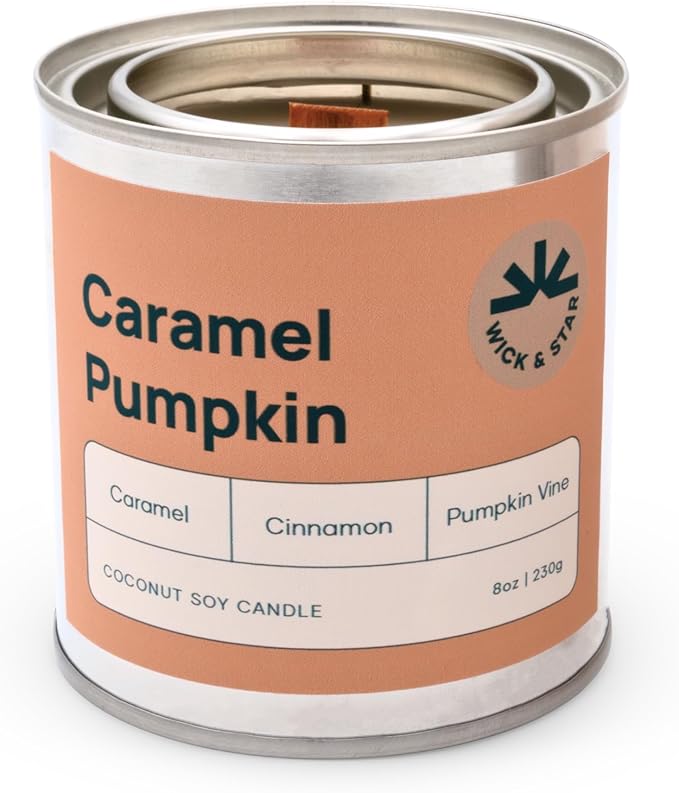 Wick & Star Vegan Non-Toxic, Wood Wick, Natural Coconut Soy Wax Aromatherapy Candle, Clean Burning (Caramel Pumpkin)