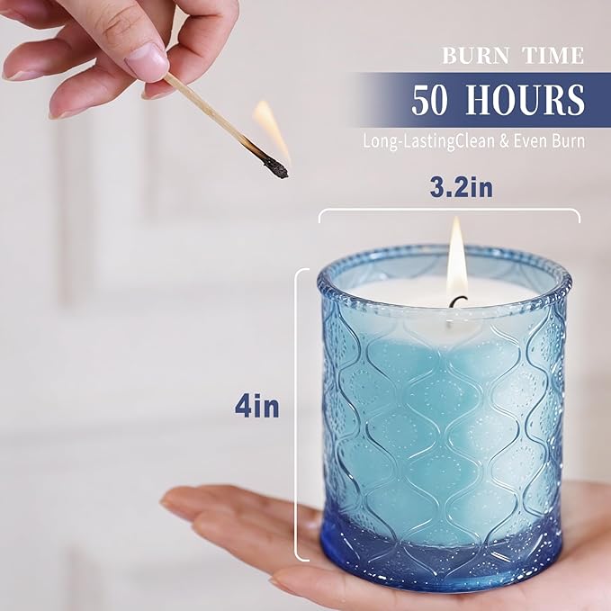 Blue Ocean Scented Candles for Women, Vegan Soy Wax Jar Candles, 50-Hour Burning Time, No Toxin Subtle Scented Home Fragrance for Summer Bathtub Aromatherapy Calming, Gifts for Women & Men