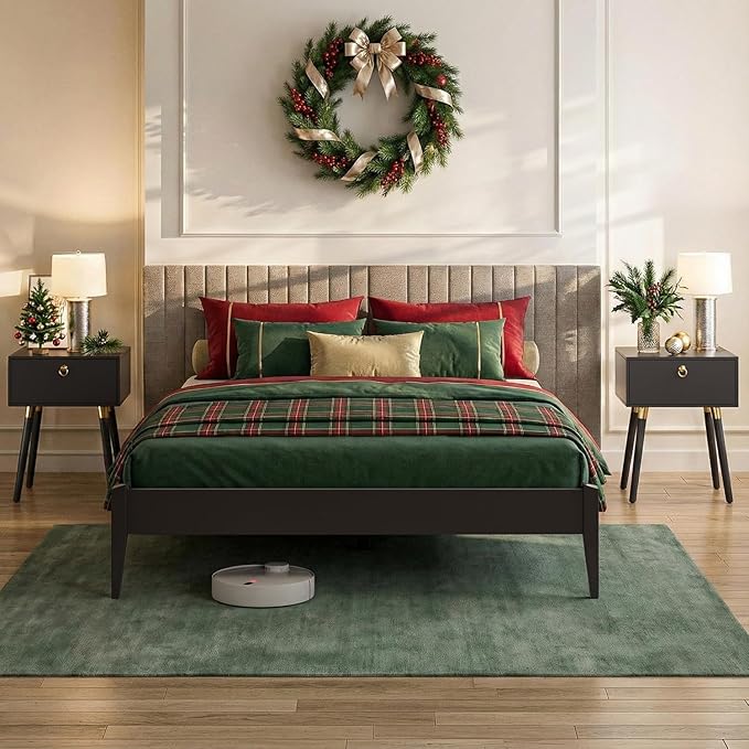 Bme Dinkee Queen Platform Bed Frame Wood 15 Inch - Solid Wood Bed Frame - Modern & Minimalist Style - 12 Strong Wood Slat Support - Easy Assembly - No Box Spring Needed - Black