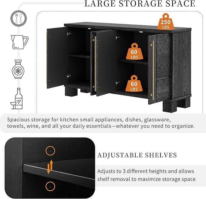 Amposei Modern Sideboard Cabinet 60-Inch Wood Credenza Console Storage Cabinet Dining Buffet Table with 4 Doors and Adjustable Shelves for Living Room Entryway, Black