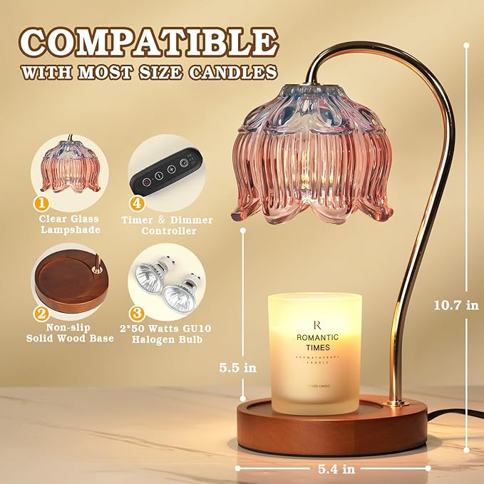 Funistree Dimmable Candle Warmer Lamp with Timer, Electric Candle Warmer Lamp, Women Birthday Gifts, Flower Candle Lamp Warmer for Family, Pink Blue Fragrance Candle Lamp for Modern Office Desk Decor