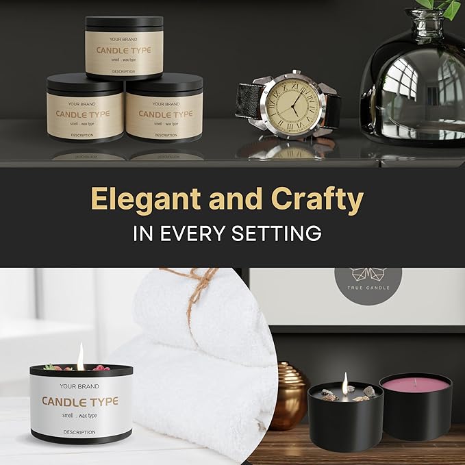 True Candle Tins for Making Candles - 24 Pack of 4 oz Black Candle Containers Bulk 4oz - Empty tins with lids for Candles - Premium Metal Jars, DIY Vessels | Painted Outside and Inside | Matte Black