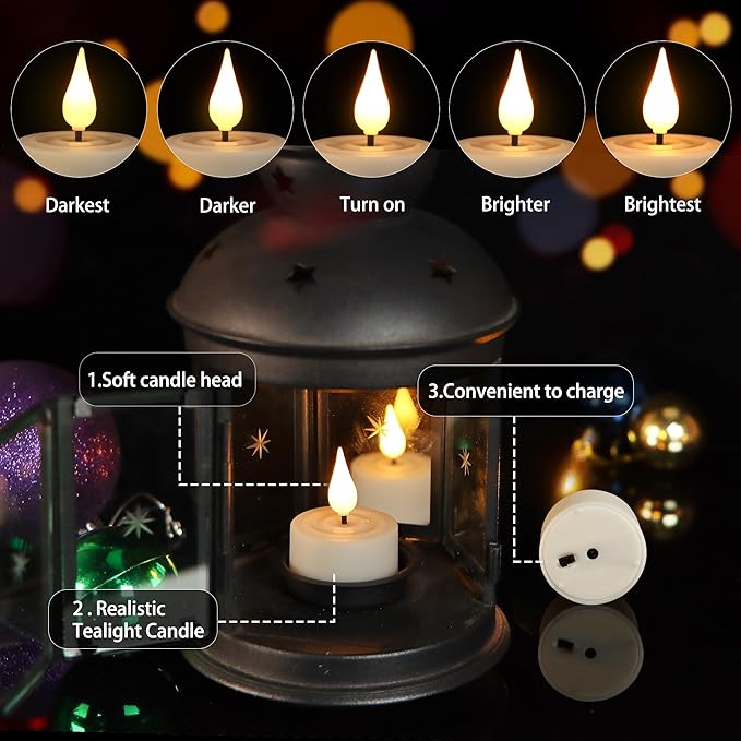 Daord Rechargeable Tea Lights with Remote Control & Timer Flickering Flameless 3D Wicks Tealight Candle Candles with Charging Cable for Home,Halloween,Christmas Decor (12pcs,Warm White(A))