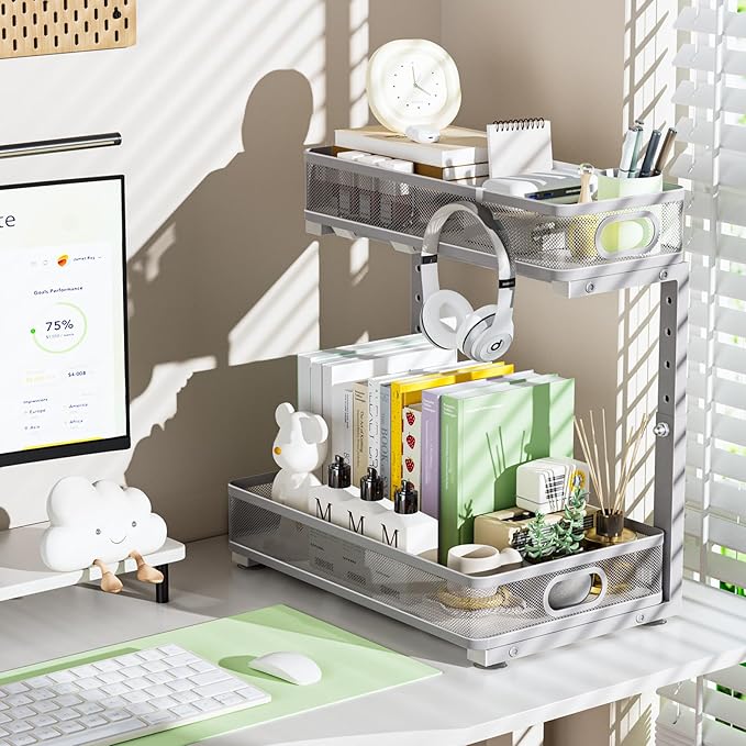 Under Sink Organizer, High Adjustable 2 Tier Under Sink Organizers and Storage, Slide out Metal Cabinet Organizers, Pull out Storage Drawer Shelf for Kitchen Bathroom Cabinet (1, Gray)
