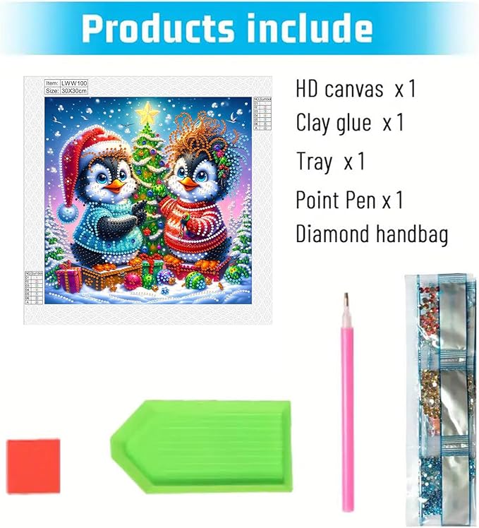 Christmas Penguins 5D Special Shape Diamond Art Kits for Beginners, Christmas Winter Theme Diamonds Painting Kits for Adults,DIY Crystal Rhinestones Diamond Paintings for Home Wall Decor 12×12Inch