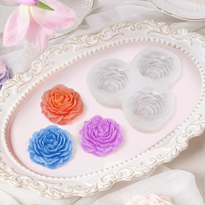 Peony Candle Mold for Candle Making, 3 Cavity Flower Silicone Molds for Epoxy Resin Wax Soap Clay Plaster Tealight Candles Crafts Casting Home Décor Handmade Gifts
