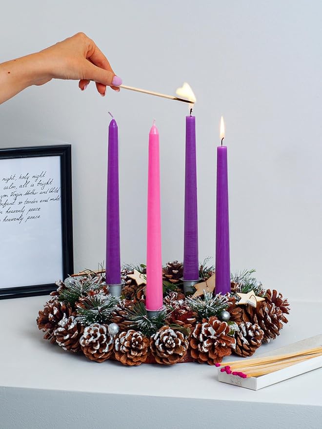 CANDWAX 12 Inch Advent Taper Candles Set of 4 - Long Burning Dripless Unscented Tapers - Perfect for Advent Wreaths, Christmas Décor - 3 Purple Tapers, 1 Pink Tapered Candle