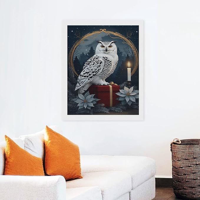 KIVJMSIDJA Snowy Owl & Candle Glow - Winter Night Scene Diamond Art Kits for Adults for Beginners, 5D Full Diamond Art Paint 16"x20"