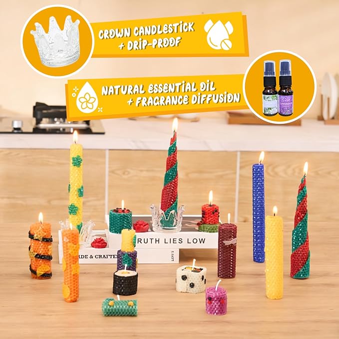 Beeswax Candle Making Kit for Adults & beginners 100% Pure Beeswax Candle Making Supplies with 20 Colorful Sheets, 8 Press-Out Molds, Glass Candle Holders & Complete Gift Supplies | Creative DIY Craft