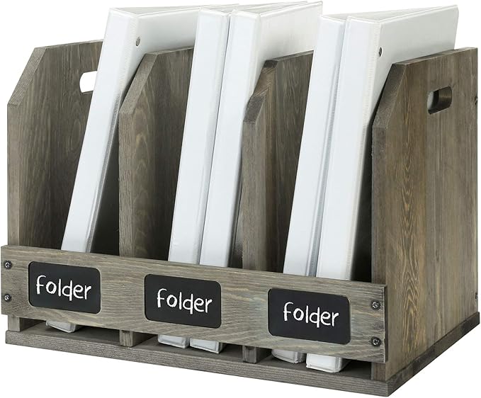 MyGift Wood Magazine Holder with 3 Compartments and Chalkboard Label, Desktop File Holder Organizer, Office Home Document Organizer Rack