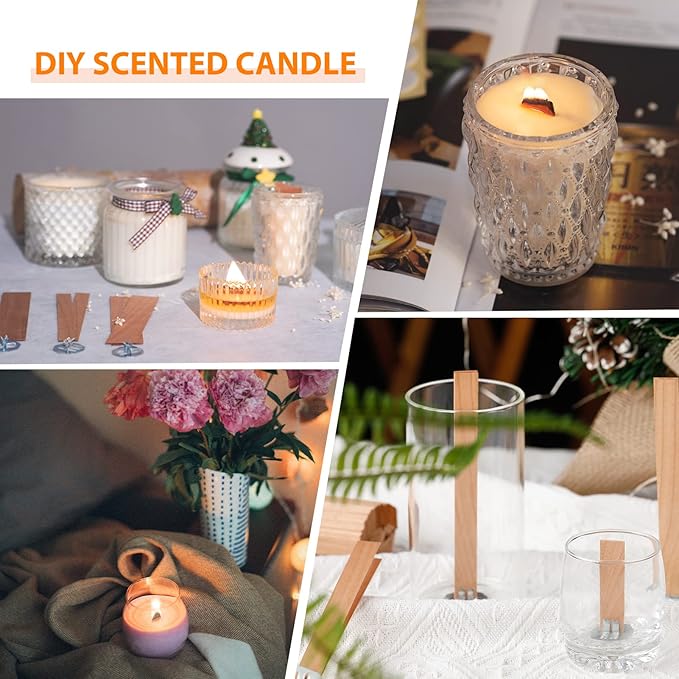 Ziosxin 100 Pcs Smokeless Cherry Wood Candle Wicks, Long Lasting Flame, Easily Burn, Candle Cores with Stand and Glue Dot, Warning Label for DIY Candle Making