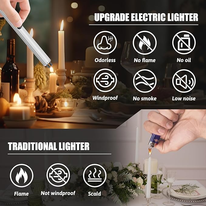 2 Pack Electric Candle Lighters, USB Rechargeable Lighter with Windproof Flameless & Extended Handle, Suitable for Candles, BBQ, Camping, Gas Stove, Festivals Gift (Sliver, 2 Packs-B)