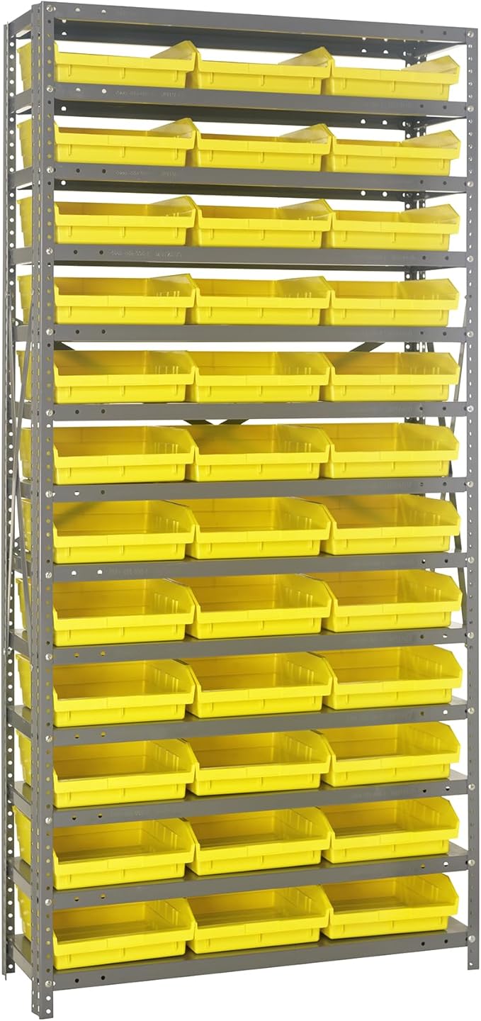 Quantum Storage Systems 1275-109YL Steel Shelving Unit with 4" Shelf Bins, 12" D x 36" W x 75" H, Yellow