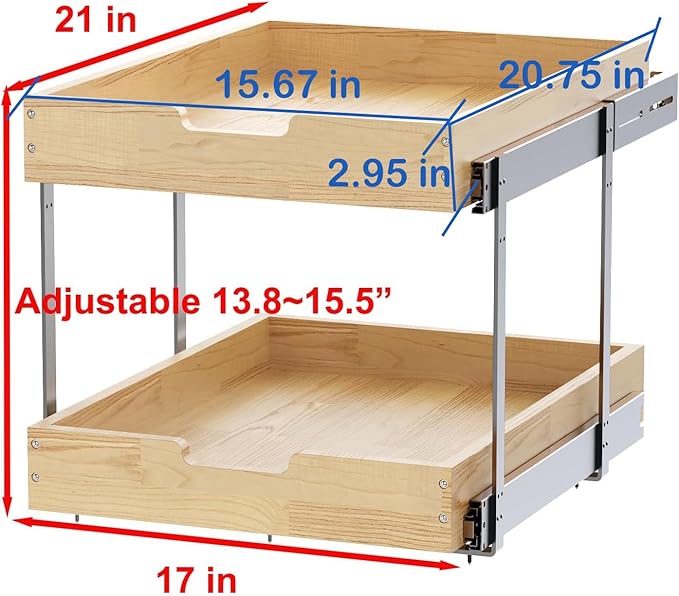 Sikarou Wood Pull Out Cabinet Organizer 2 Tie 17" W x 21" D, Heavy-Duty Sliding Drawers for Inside Cabinets Storage and Organization for Kitchen, Pantry, Bathroom