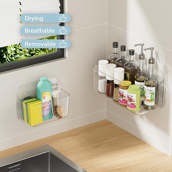 ZEXALOR Wall Mounted Storage Organizer Bins Organizing Shelf Basket Clear Plastic Makeup Organizer Adhesive Hanging Bin Fridge Organizer for Bathroom,Kitchen,Cabinet,Pantry,Countertops (XL+L)