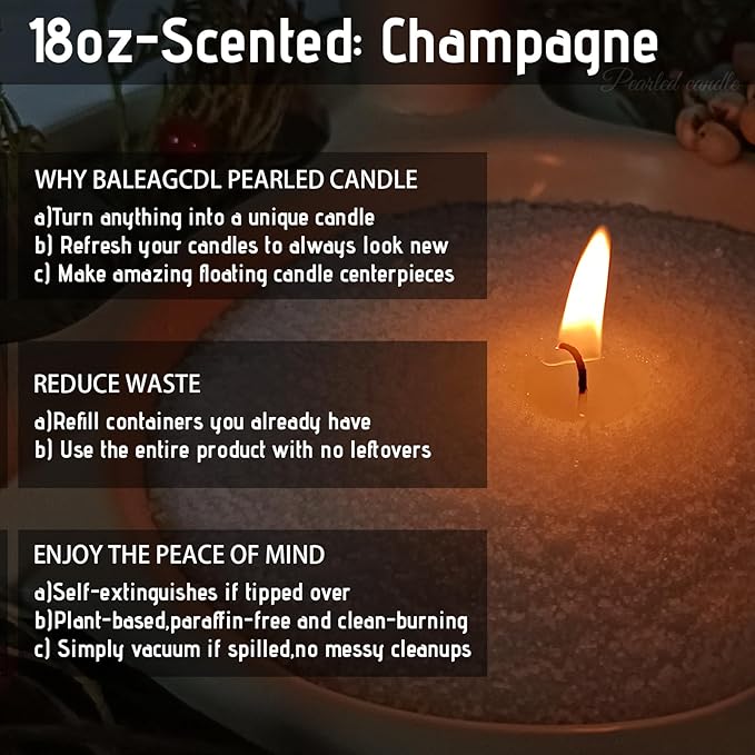 Bubble Theory Pearled Candle 18 Oz (1.1lb) with 30 Wicks - Champagne Scented Sand Candles White Refillable Wax Lasts Up to 120 Hours Smooth and Clean Burning for DIY Candle Making