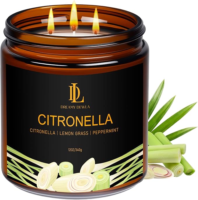 Citronella Candles Indoor Outdoor, Large 3 Wick 12oz Scented Candles up to 60 Hours Burning, Natural Citronella Soy Wax Candle for Summer Outside Camping Patio Picnic Garden
