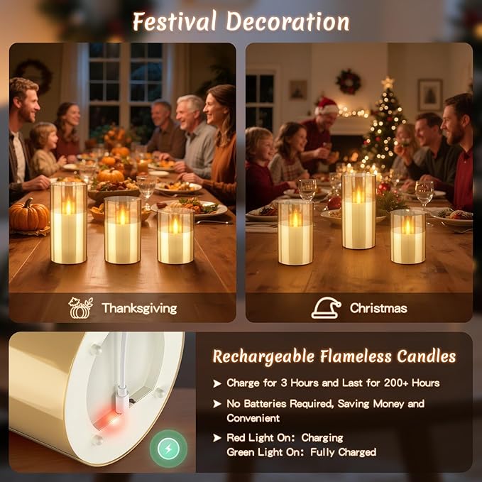 3PC Rechargeable Led Candles, Flameless Flickering with Remote & Timer, with Real Wax Candle in Glass Warm Color Light, Lasting for 200+ Hours for Festival, Party, Bedroom, Living Room Decor, Amber
