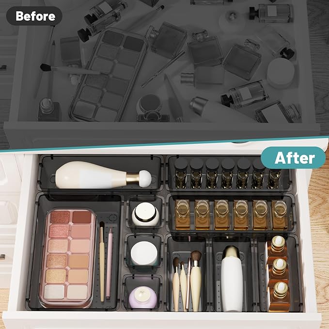 WOWBOX 32 PCS Clear Plastic Drawer Organizer Set, 4 Sizes Desk Drawer Organization and Storage Containers for Makeup, Cosmetics, Jewelry and Gadgets in Kitchen, Bathroom, Bedroom, Office, Clear Black