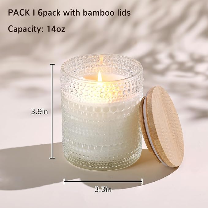 DEVI 14oz Large Clear Glass Candle Jars for Making Candles (6 Pack), Bulk Empty Glass Candle Jars with Bamboo Lids, Bulk Empty Glass Containers, Candle Vessels for Candle Making Supplies, Home Decor
