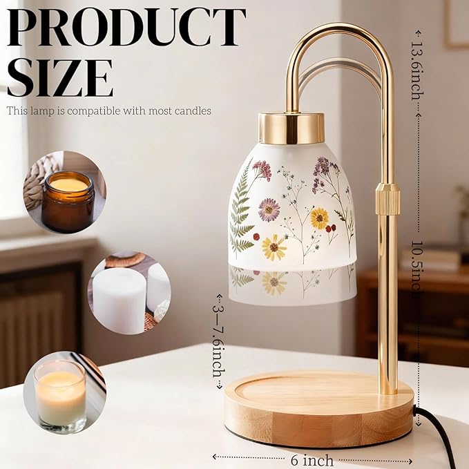 Baquler Pressed Flower Candle Warmer Lamp with Timer Dimmable Adjustable Height Vintage Boho Flower Candle Wax Lamp Housewarming Gifts for Women Mom Birthday Home Bedroom Decor(Transparent Style)