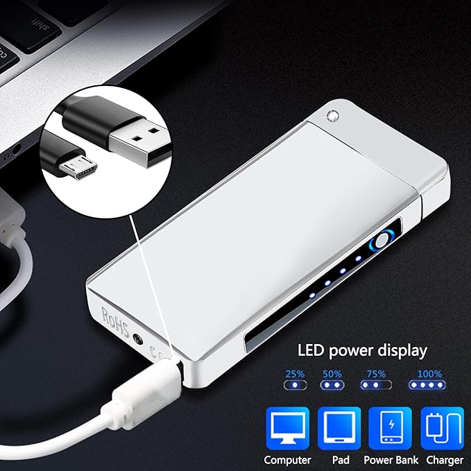 BABOBIU Cool Lighter Flame Lighter Rechargeable Lighters Windproof Lighters Metal Body Battery Display Arc Flame Push Button Type-C Fast Charging for Camping BBQ Fireworks Gifts (Silver)
