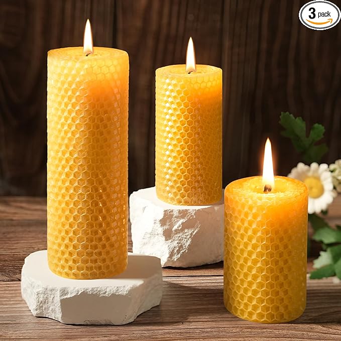 Pure Beeswax Pillar Candles,3 Pack Hand-Rolled Natural Beeswax Candles(1.77x3in,2x4in,2x6in) 60 Hours Burning Unscented Bees Wax Candle for Home,Smokeless&Dripless Pillar Candle for Meditation,Wedding
