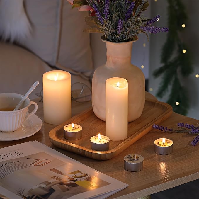 48 Pcs Lavender Scented Tealight Candles, 6H Long Burning - 100% Palm Wax Based Scented Tea Lights with Dried Flowers, Non-Toxic/Smokeless Scented Tea Lights Candles Bulk for Spa, Bath, Wedding