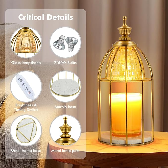 Candle Warmer Lamp with Timer & Dimmer - Vintage Electric Wax Melter for Scented Jar Candles, Aroma Night Light and Home Decor Gift for Women, Housewarming, Birthday, Christmas