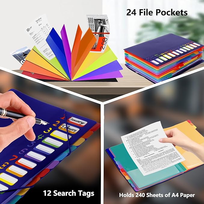 24 Pockets Expanding File Folder Organizer,Accordion File Organizer,A4 Letter Size,Rainbow Tab, for Home/Office/School Document Organizer (Blue)