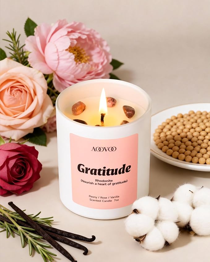 AOOVOO Mom Candles Set for Women - 4 Pack Candles for Home Scented, 28 oz 200h, Aromatherapy Candle with Crystals, Gratitude Rhodonite/Appreciation Clear Quartz/Blessing Aventurine/Love Rose Quartz