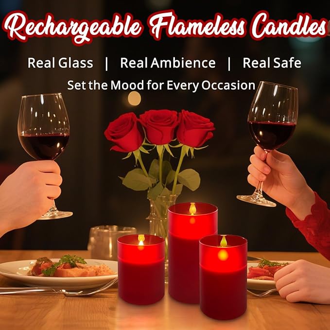 Rechargeable Flameless Candle, Flickering LED Pillar Glass Fake Candle with Remote and Timer, Built-in Battery Real Wax Electronic Candle for Room Decoration, Set of 3
