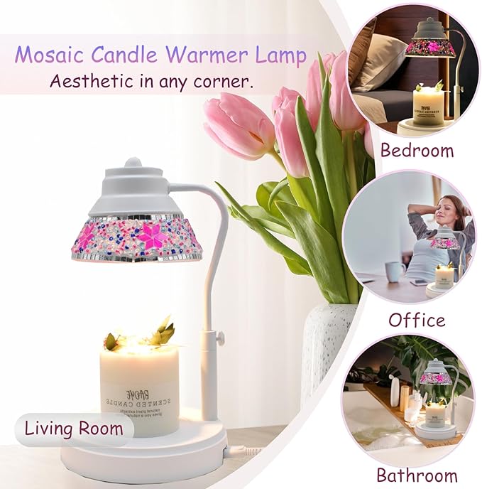 Electric Candle Warmer Lamp with Colorful Diamond Lampshade, Metal Wax Melting Lattern with Timer and Dimmer, Adjustable Height Candle Melting Lamp Home Decor (White Purple)