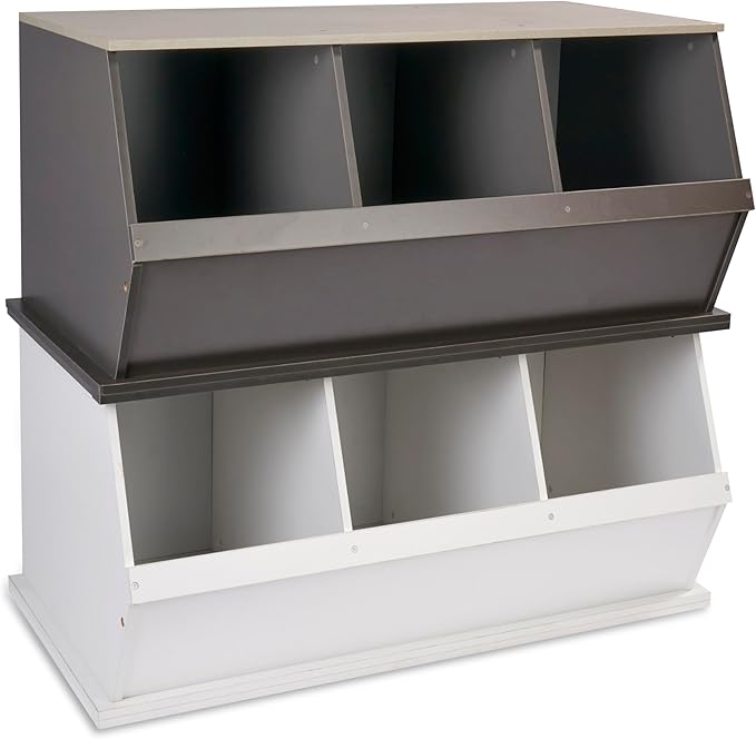 Badger Basket Three Bin Stackable Toy Storage Cubby Organizer for Kids, Playroom, Nursery, or Bedroom – Durable Wooden Design with Open Front Bins for Books, Toys & More – Charcoal/Light Gray
