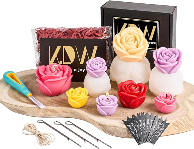 Rose Candle Making Kit with Candle Wicks Flower Silicone Mold for Candle Making Molds Set of Large + Medium + Small 3D Rose Molds DIY Handmade Soap Mould for Home Decor Valentine's Day Gift