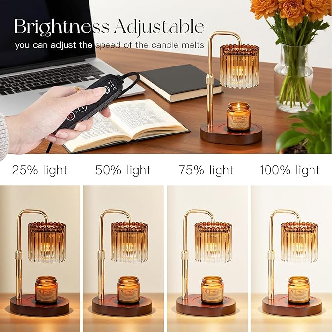 Candeldo Candle Warmer Lamp with Timer: Amber Candle Warming Lamp with 2 Bulbs Height Adjustable Wax Melt Dimmable Bedroom Decor for Women