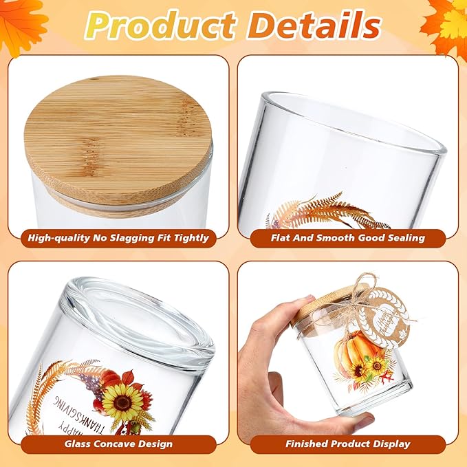 Potchen 12 Pack Thanksgiving Pumpkins Clear Candle Jars for Making Candles 7 oz Empty Glass Jars with Wood Lids and Blessing Card Harvest Candle Containers for DIY Gifts Home Tea Party Holiday Decor