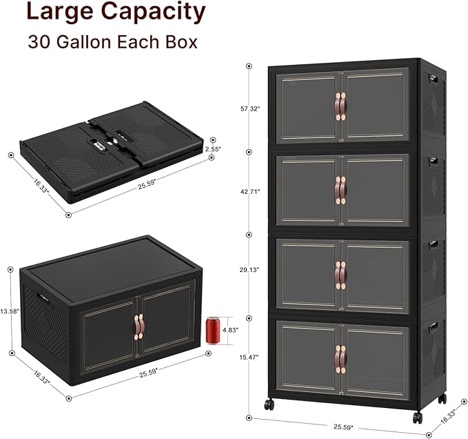 UAMFURI Stackable Storage Bins with Lids, 960QT Closet Organizers, Lockable Storage Cabinet，Foldable Storage Box with Doors and Wheels, Plastic Drawers for Home, Garage, Office (8, Black, Large)