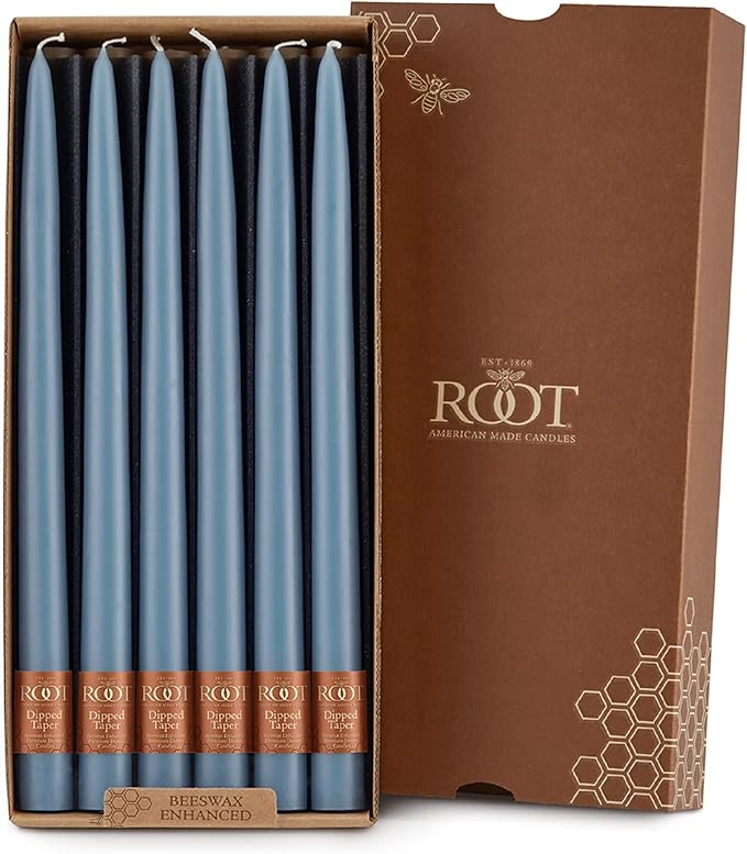 Root Candles Unscented Dinner Candles Premium Beeswax Blend Boxed Candle Set, 12-Inch, Williamsburg Blue, 12-Count