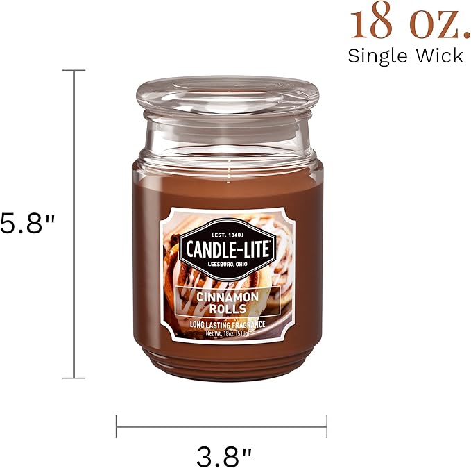 Candle-lite Scented Candles, Cinnamon Rolls Fragrance, One 18 oz. Single-Wick Aromatherapy Candle with 110 Hours of Burn Time, Brown Color