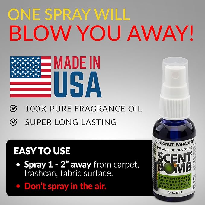 Scent Bomb Air Freshener Spray, Long-Lasting Odor Eliminator - Effective Deodorizer for Home & Car, Fresh Room Spray for Kitchen, Bathroom & Smell Neutralizer - 1 oz Pack of 4, Coconut Paradise