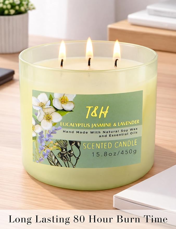 Eucalyptus Jasmine Lavender Scented Candle | 3 Wick Large Soy Candle for Home 15.8oz | Calming Aromatherapy Spa Candle | Strong Scent, Long Lasting, Clean Burn | Stress Relief Gift for Women & Men