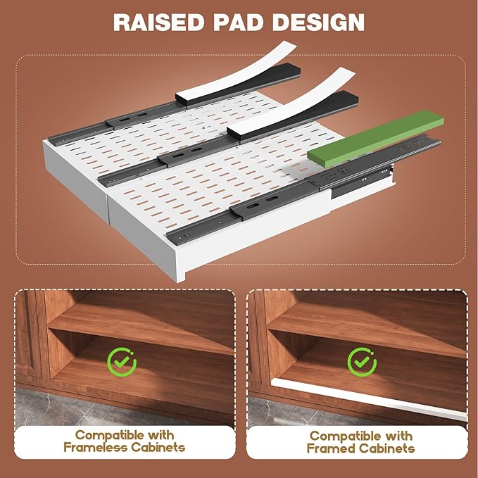 2 Pack Pull Out Cabinet Organizer Expandable Width(13"-21") and Depth(17"-24"), Slide Out Drawers With Raising Pad for Framed Cabinets, No Drill Roll Out Shelves for kitchen, Bathroom, White
