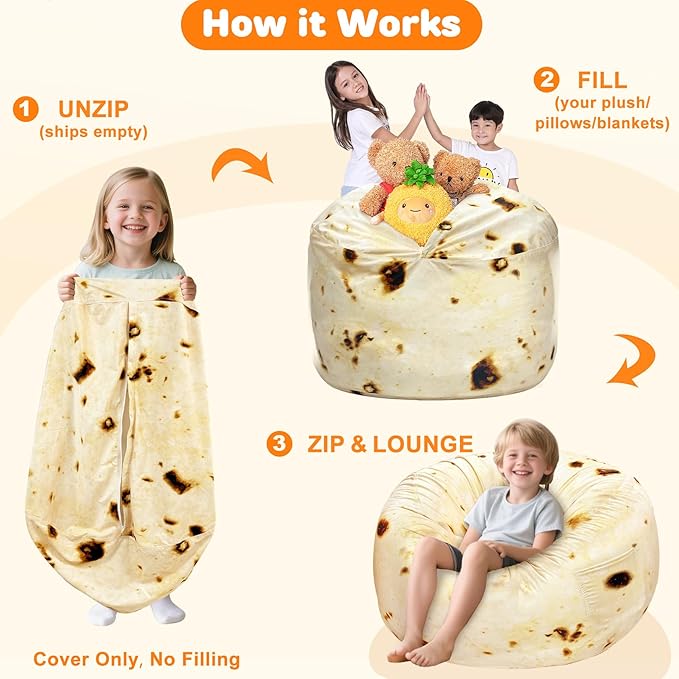 Lukeight Burrito Stuffed Animals Storage Bean Bag Chair Cover Only (Ships Empty, No Filling) - Velvet YKK Zipper Beanbag Cover for Toddlers and Kids, Washable Plush Toy Organizer, Large 27" D x 16" H