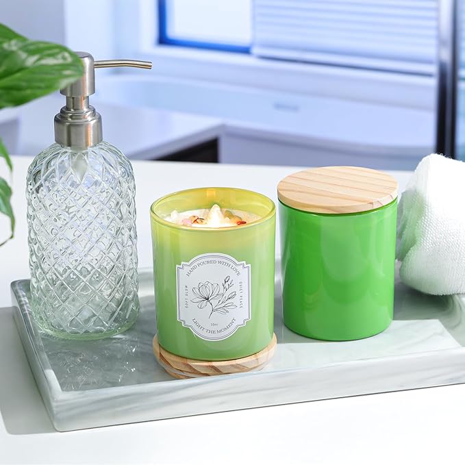 12Pcs Assorted Green Glass Candle Jars with Wooden Lids for Making Candles, 10 OZ Empty Candle Jars with Labels and 100g Crystal Rocks, Candle Making Supplies Candle Containers for Home DIY & GIFTS