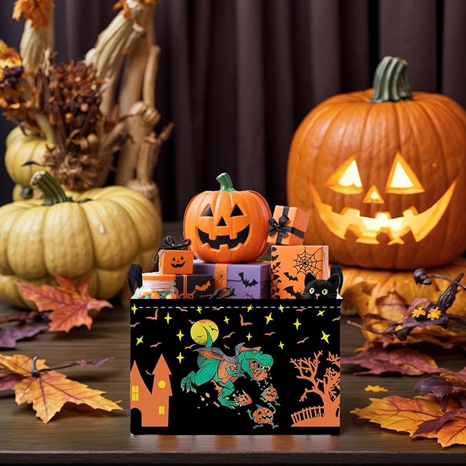 Halloween Basket Gift Cute Pumpkin Ghost Parties Decor Kid Trick or Treat Basket for Boys and Girls Rectangular Storage Bin Box (Dinosaur)