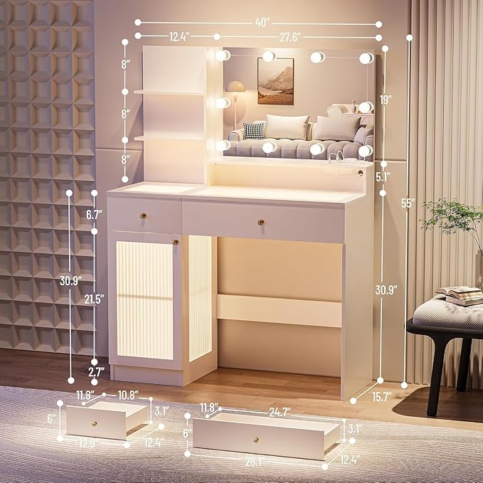 Vanity Desk with Mirror and Lights, Modern Glass Top Makeup Vanity Set with Power Outlet, Drawers and Cabinet, 3 Lighting Color Adjustable Dressing Table for Bedroom
